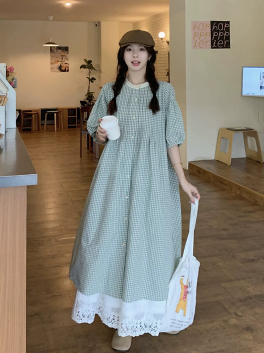 Plus size women's clothing for fat mm retro forest style sweet lace splicing round neck long puff sleeve plaid dress for women summer