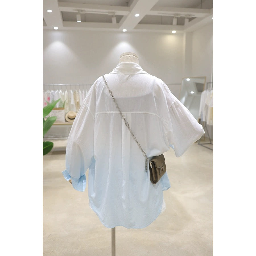 Light and drapey fresh gradient color 2024 summer slightly see-through loose slimming mid-length long-sleeved thin sunscreen shirt for women