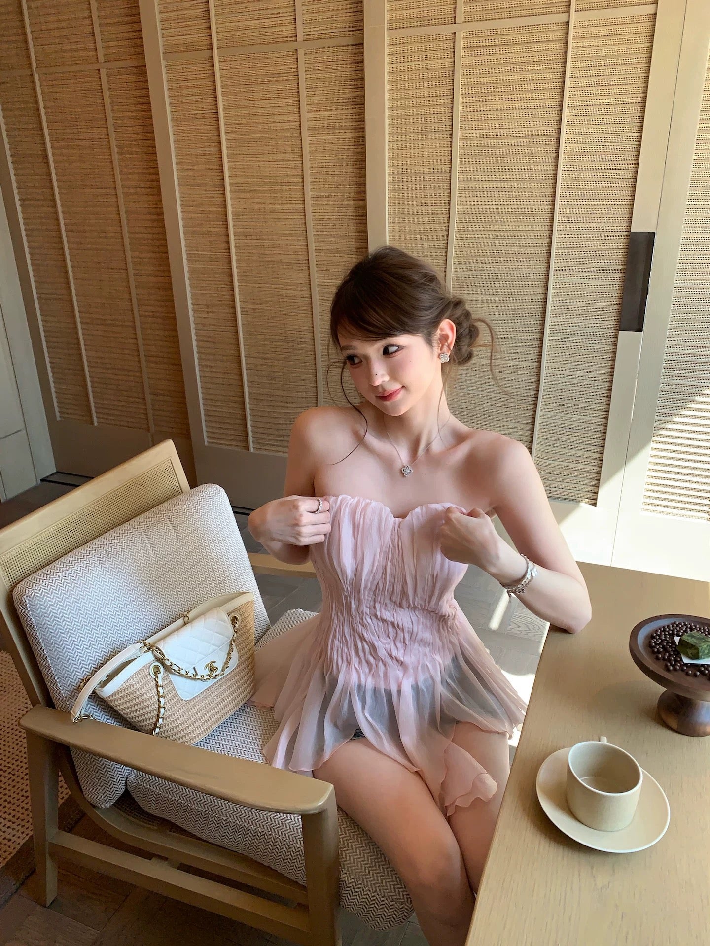 F boutique "Pink Mist Mermaid" a*je Early Spring Ethereal Hand-Dyed Hand-Pleated Fishbone Strapless Women's Bra