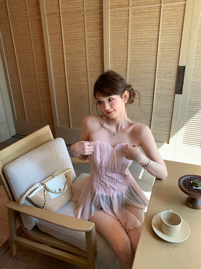 F boutique "Pink Mist Mermaid" a*je Early Spring Ethereal Hand-Dyed Hand-Pleated Fishbone Strapless Women's Bra