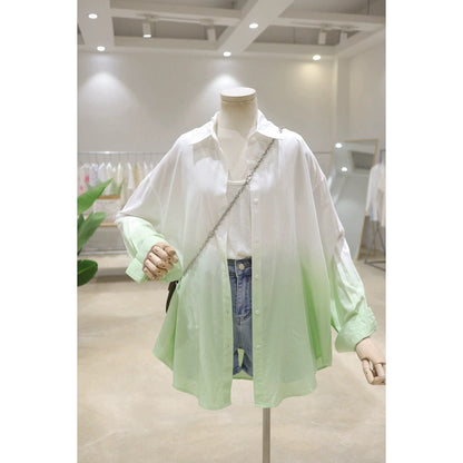 Light and drapey fresh gradient color 2024 summer slightly see-through loose slimming mid-length long-sleeved thin sunscreen shirt for women