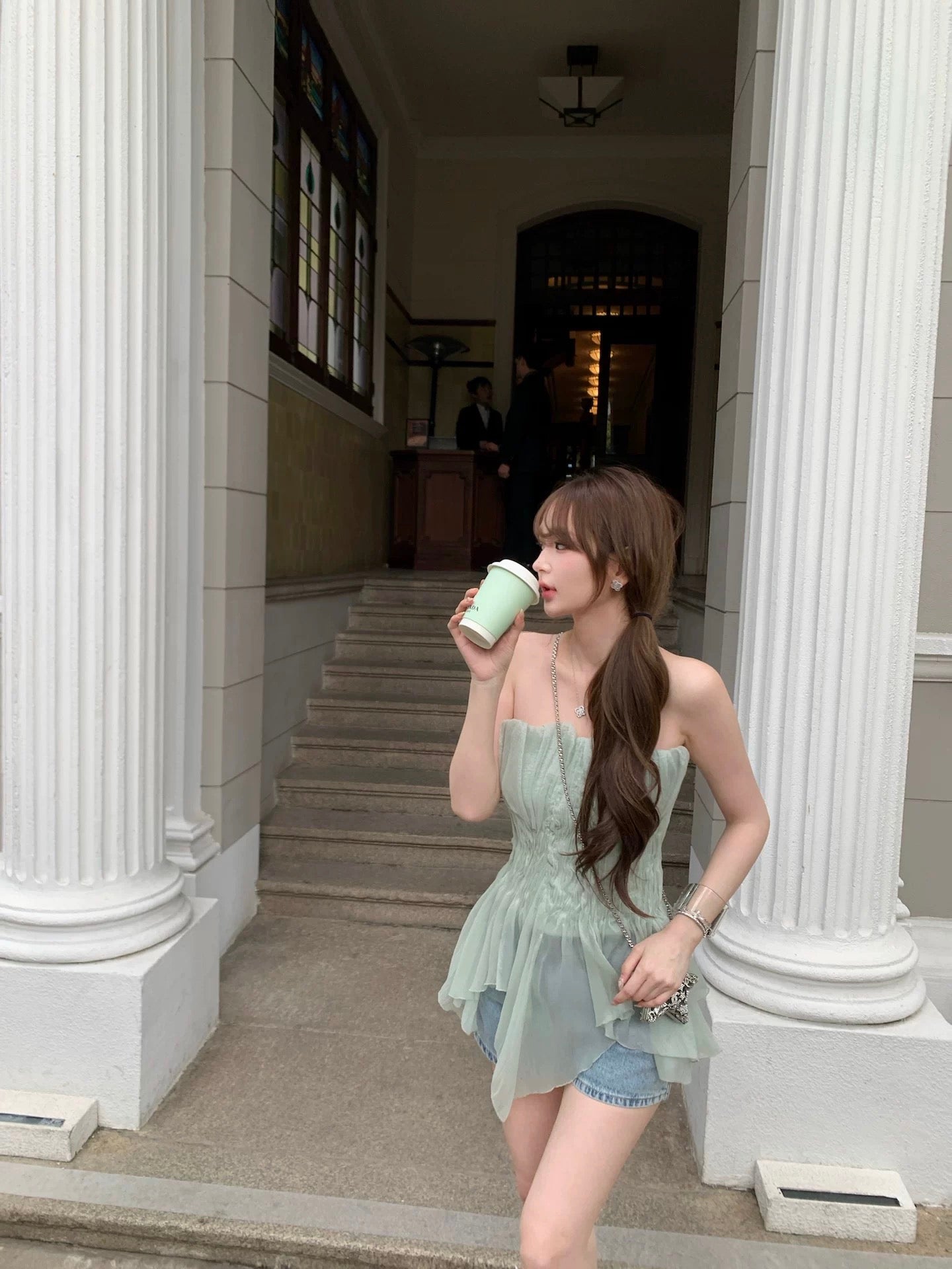 F boutique "Pink Mist Mermaid" a*je Early Spring Ethereal Hand-Dyed Hand-Pleated Fishbone Strapless Women's Bra