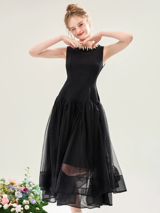 High waist sleeveless Hepburn style mesh dress for women summer French banquet high-grade splicing design A-line long skirt