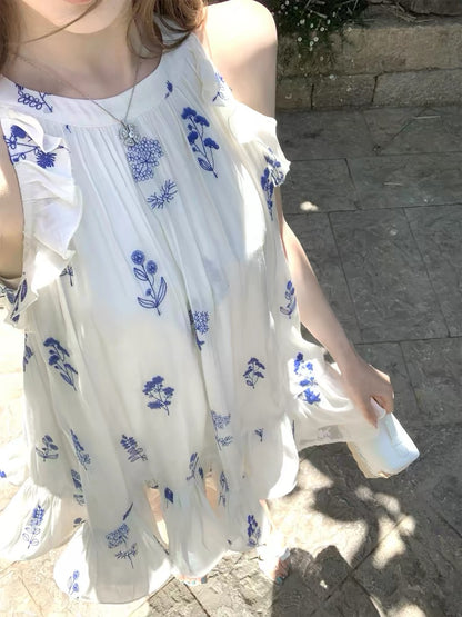 Q-Girl's Collection: Sleeveless A-line dress featuring a blue-and-white ink wash floral print, delicate lace, and a soft blue palette—an elegant summer choice for petite women.