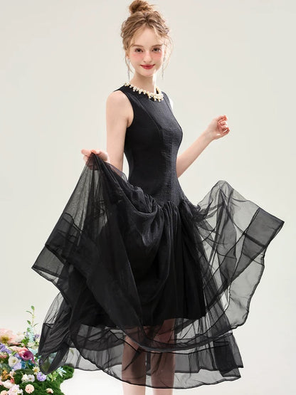 High waist sleeveless Hepburn style mesh dress for women summer French banquet high-grade splicing design A-line long skirt