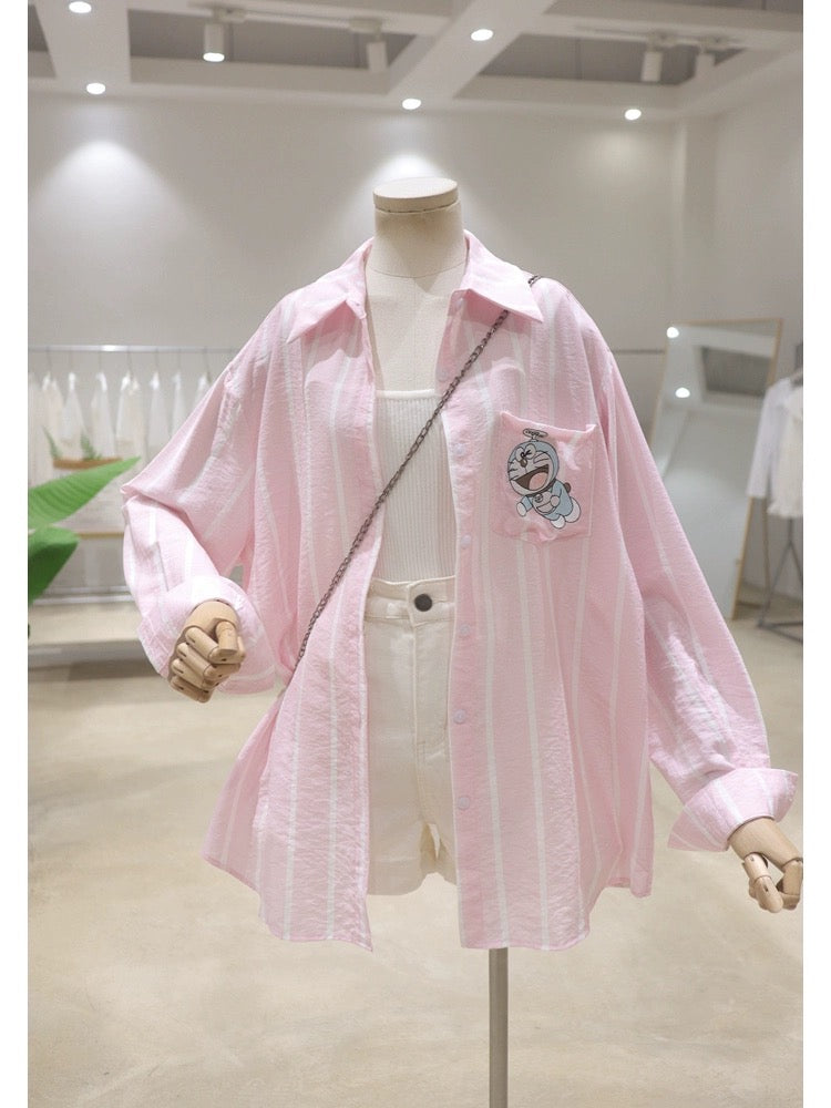 Thin breathable pocket Doraemon embroidery 2024 summer loose mid-length pinstripe sun protection long-sleeved shirt for women