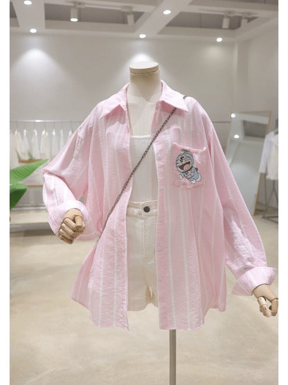 Thin breathable pocket Doraemon embroidery 2024 summer loose mid-length pinstripe sun protection long-sleeved shirt for women