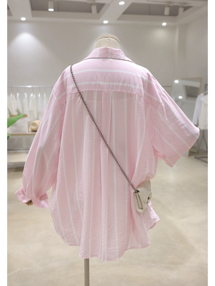 Thin breathable pocket Doraemon embroidery 2024 summer loose mid-length pinstripe sun protection long-sleeved shirt for women