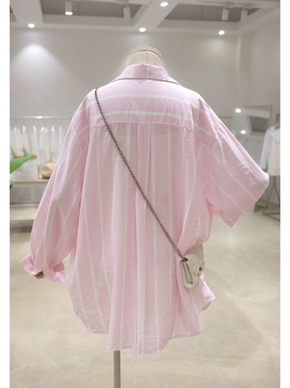 Thin breathable pocket Doraemon embroidery 2024 summer loose mid-length pinstripe sun protection long-sleeved shirt for women