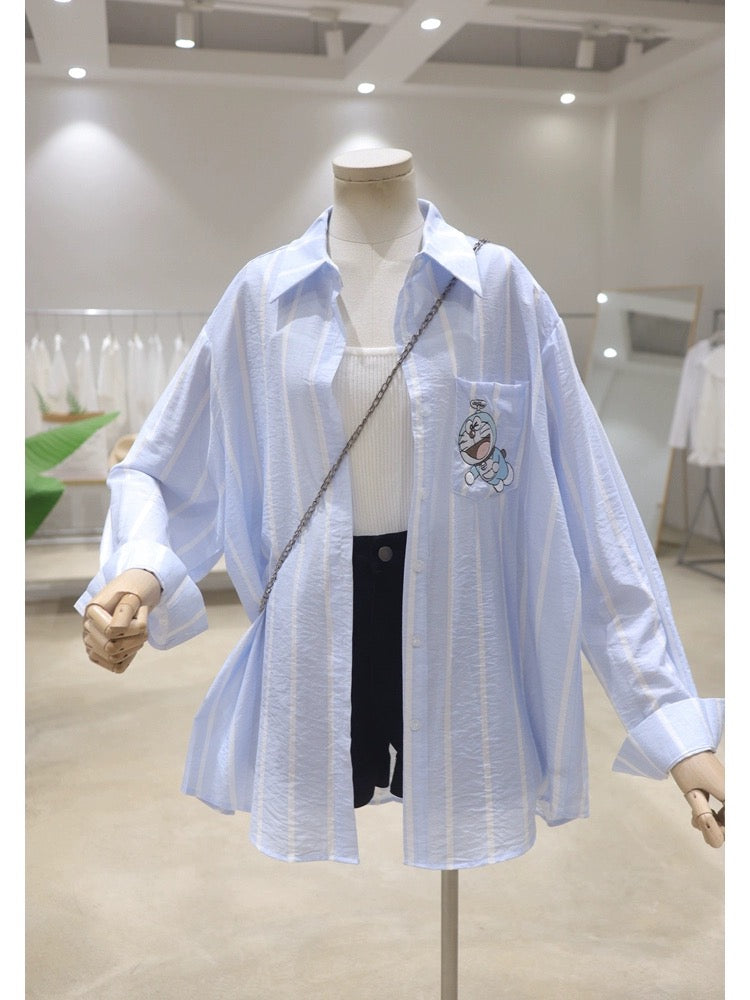 Thin breathable pocket Doraemon embroidery 2024 summer loose mid-length pinstripe sun protection long-sleeved shirt for women