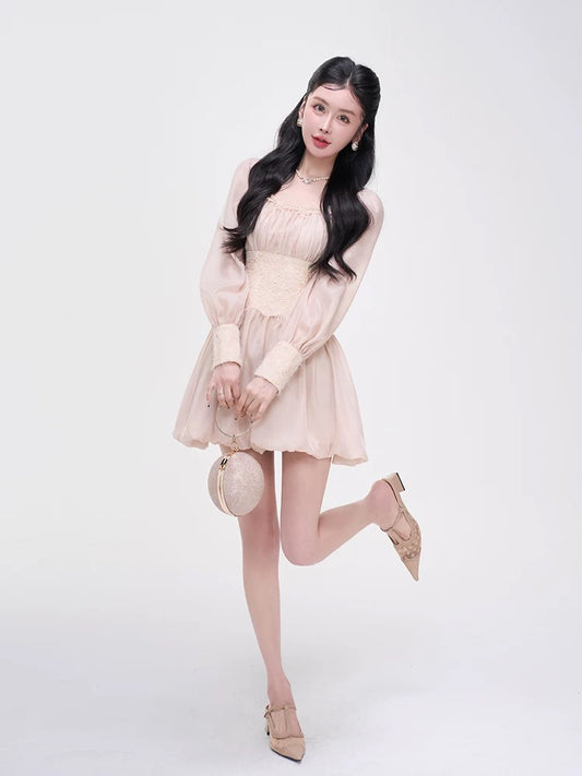Mao Ni LADIESFIRST [Pink Lover] Square Neck Sequin Slim Fit Dress Long Sleeve Design