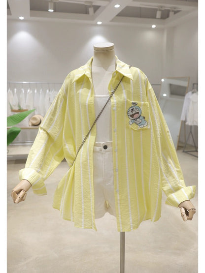 Thin breathable pocket Doraemon embroidery 2024 summer loose mid-length pinstripe sun protection long-sleeved shirt for women