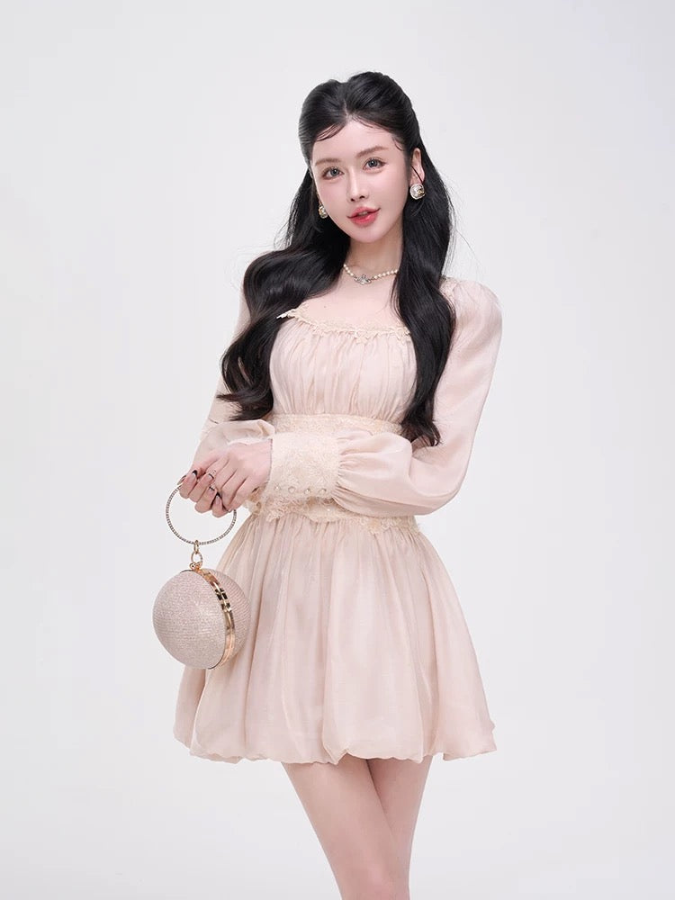 Mao Ni LADIESFIRST [Pink Lover] Square Neck Sequin Slim Fit Dress Long Sleeve Design