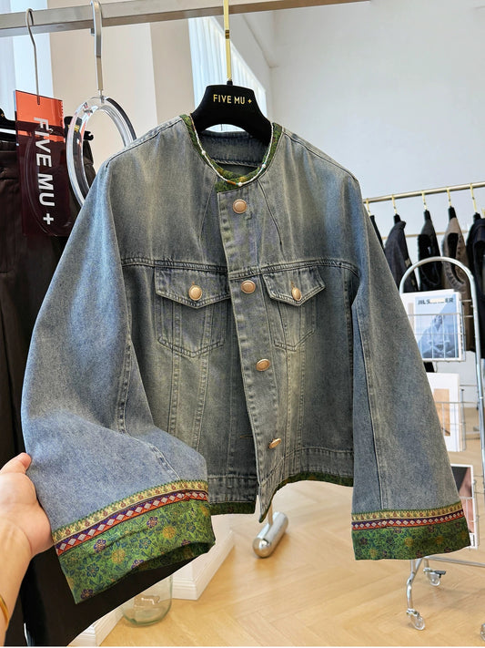 High-grade retro new Chinese style jacquard satin stitching round neck short denim jacket for women autumn great looking jacket
