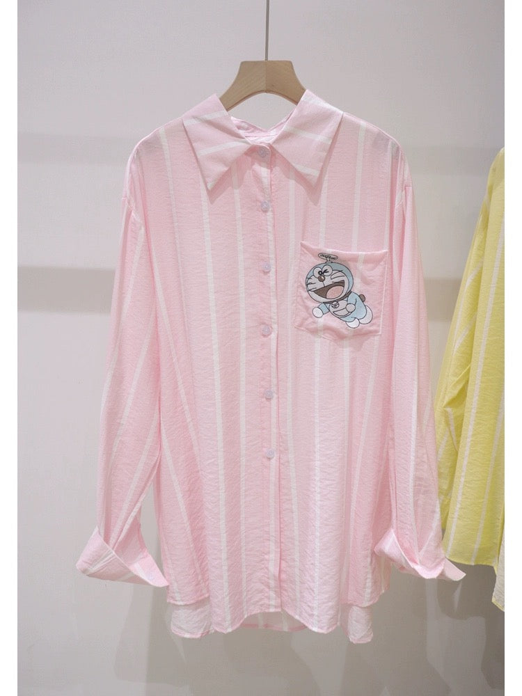 Thin breathable pocket Doraemon embroidery 2024 summer loose mid-length pinstripe sun protection long-sleeved shirt for women