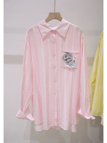 Thin breathable pocket Doraemon embroidery 2024 summer loose mid-length pinstripe sun protection long-sleeved shirt for women