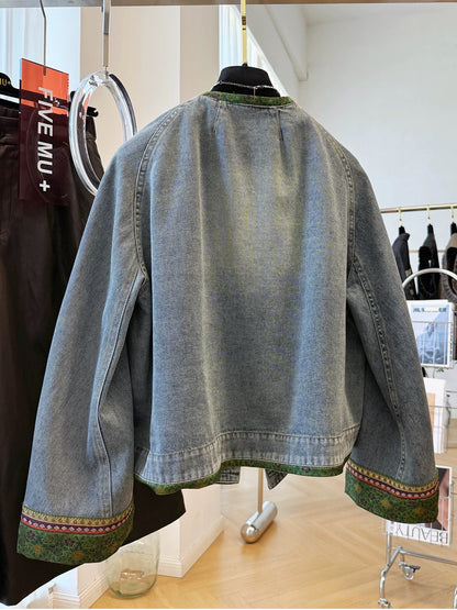 High-grade retro new Chinese style jacquard satin stitching round neck short denim jacket for women autumn great looking jacket