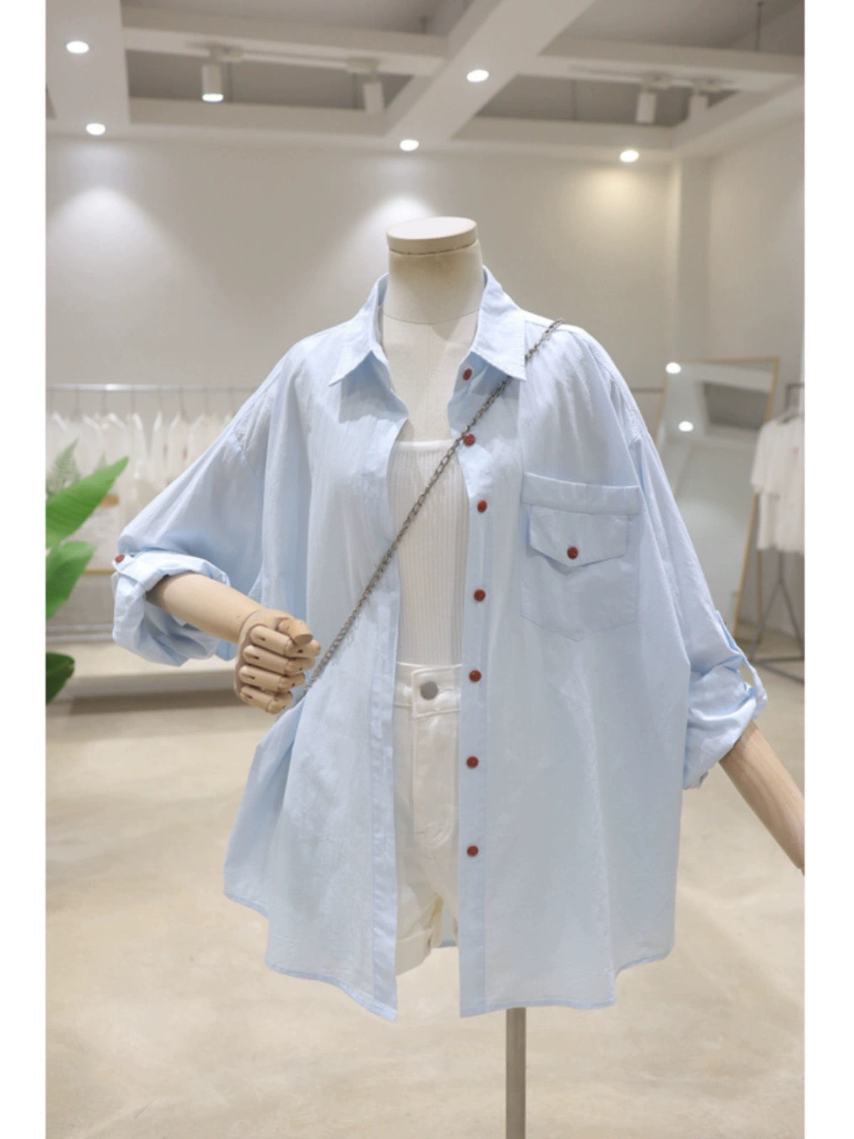 Rollable sleeves breathable contrasting buttons 2024 summer loose mid-length cotton thin sun protection long-sleeved shirt for women