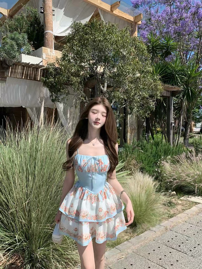 Q-Girl's "Blue Island" Iced-Cream-Hued Floral Camisole Maxi Dress — Stunning Vacation-Ready Palette & Elegant Summer Style