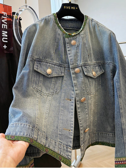 High-grade retro new Chinese style jacquard satin stitching round neck short denim jacket for women autumn great looking jacket