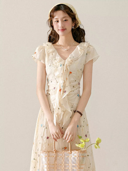 Three-inch lotus root [almond sugar flower] apricot floral dress for women, summer ruffled pleated waist vacation dress