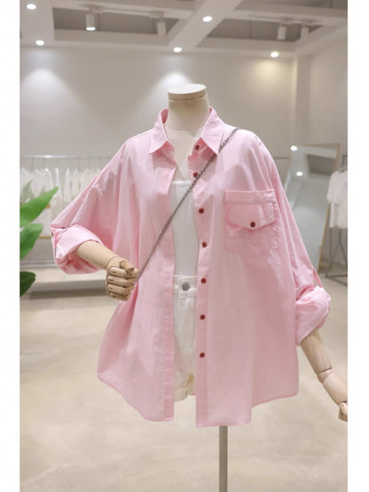 Rollable sleeves breathable contrasting buttons 2024 summer loose mid-length cotton thin sun protection long-sleeved shirt for women
