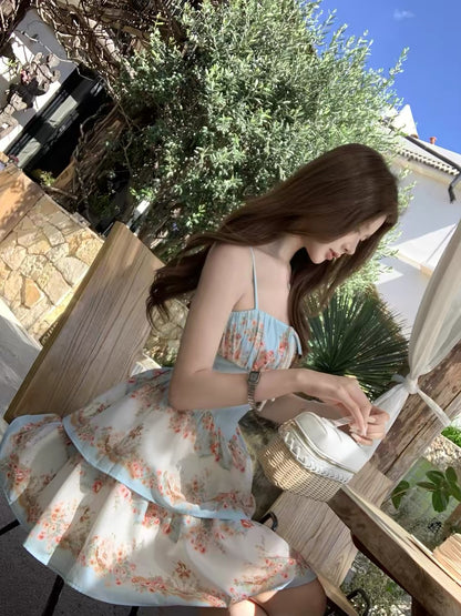Q-Girl's "Blue Island" Iced-Cream-Hued Floral Camisole Maxi Dress — Stunning Vacation-Ready Palette & Elegant Summer Style
