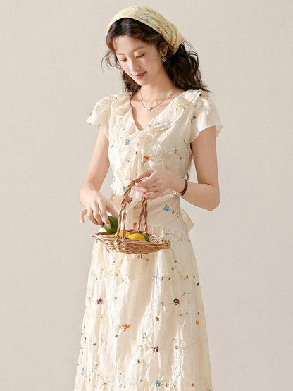 Three-inch lotus root [almond sugar flower] apricot floral dress for women, summer ruffled pleated waist vacation dress