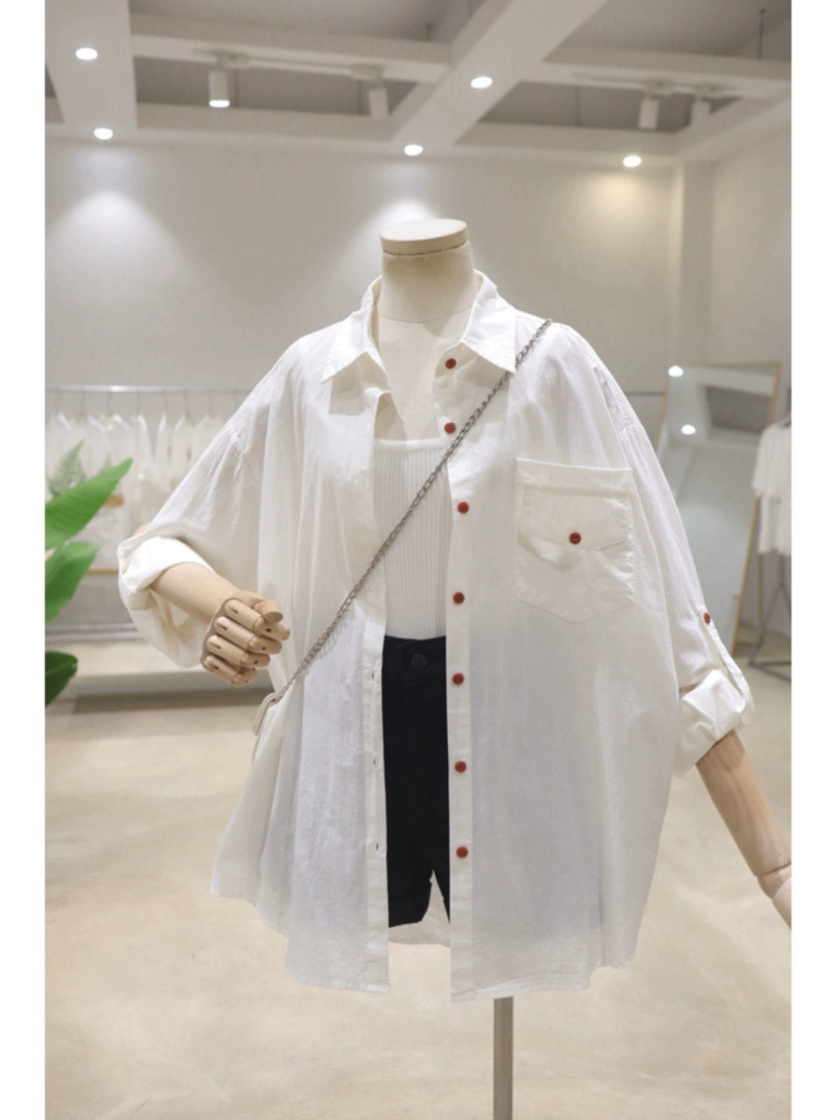 Rollable sleeves breathable contrasting buttons 2024 summer loose mid-length cotton thin sun protection long-sleeved shirt for women