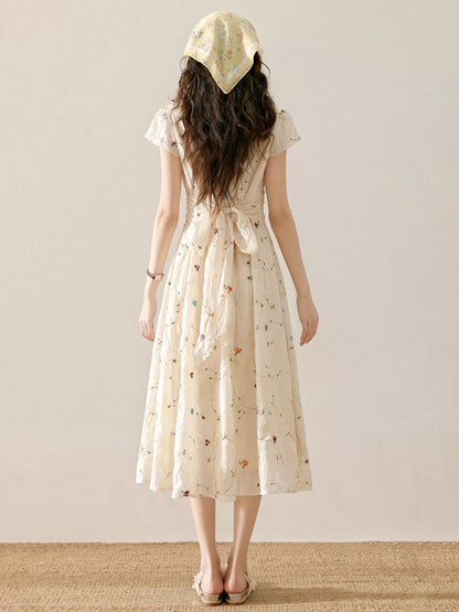 Three-inch lotus root [almond sugar flower] apricot floral dress for women, summer ruffled pleated waist vacation dress