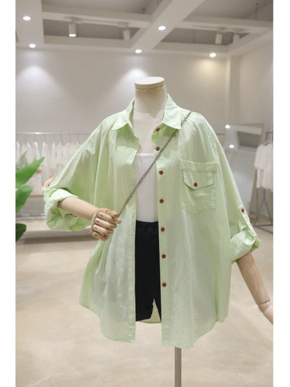 Rollable sleeves breathable contrasting buttons 2024 summer loose mid-length cotton thin sun protection long-sleeved shirt for women
