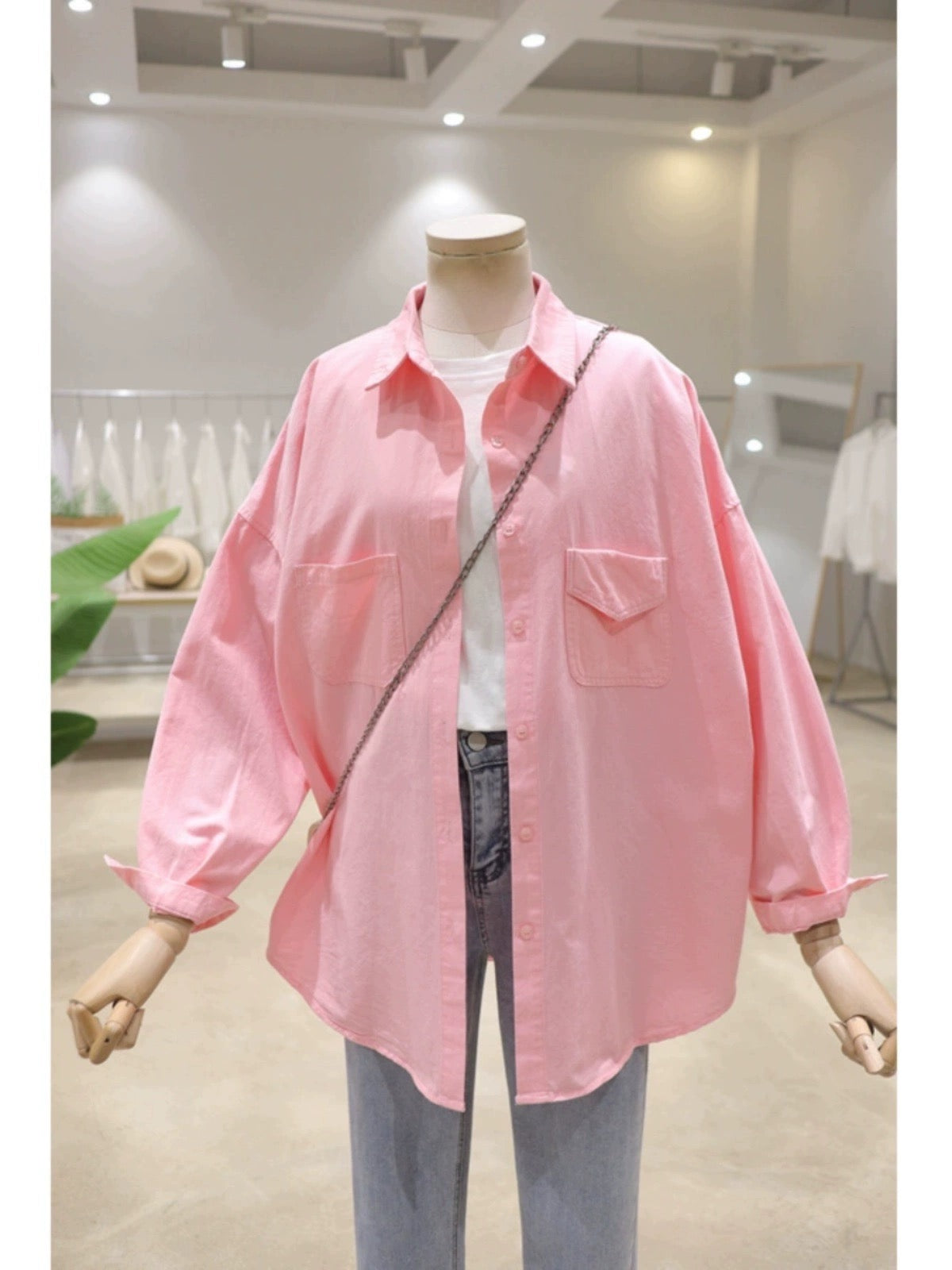 Fresh color comfortable double pocket 2024 spring loose and slim mid-length cotton long-sleeved shirt women's versatile shirt