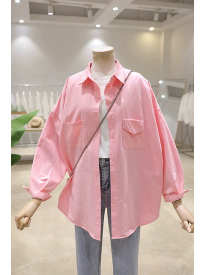 Fresh color comfortable double pocket 2024 spring loose and slim mid-length cotton long-sleeved shirt women's versatile shirt