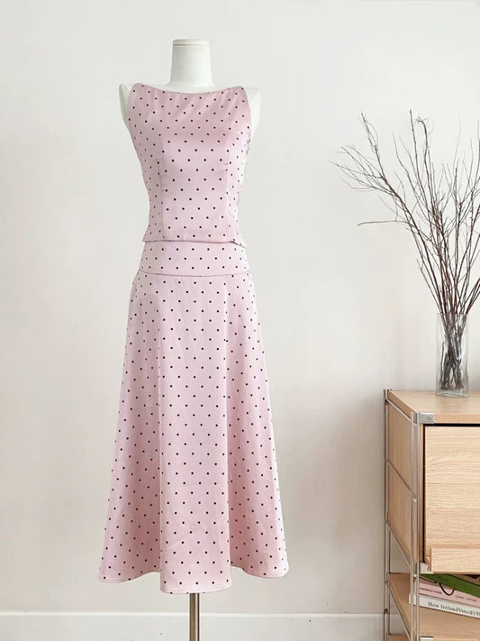 Duolaimei 2024 summer temperament sexy hot girl backless polka dot suspender skirt long skirt fashionable two-piece set