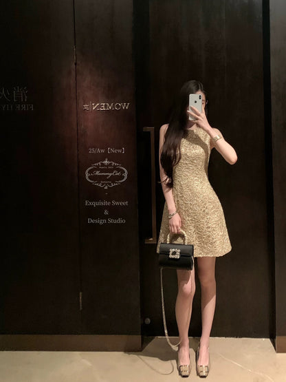 MummyCat Laying Eggs Cat [Gui Li Ming Fang] New Gold Thread 3D Embroidered Sleeveless Day Dress