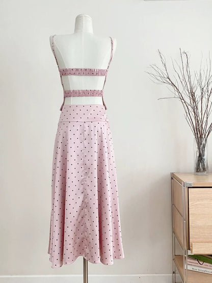 Duolaimei 2024 summer temperament sexy hot girl backless polka dot suspender skirt long skirt fashionable two-piece set