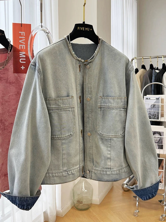 2025 new retro old loose bf lazy style casual round neck denim jacket female spring and autumn high-end jacket