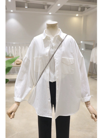 Fresh color comfortable double pocket 2024 spring loose and slim mid-length cotton long-sleeved shirt women's versatile shirt