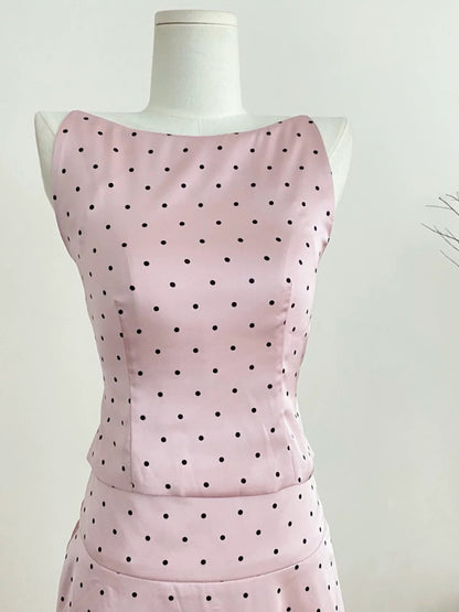 Duolaimei 2024 summer temperament sexy hot girl backless polka dot suspender skirt long skirt fashionable two-piece set