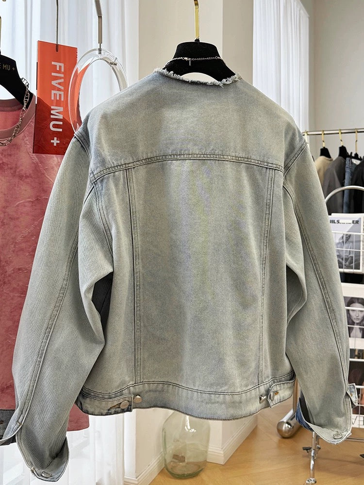 2025 new retro old loose bf lazy style casual round neck denim jacket female spring and autumn high-end jacket