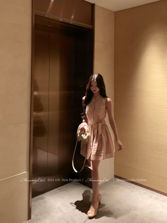 Mummy Cat, the Egg-Laying Cat - New Sweet Pleated Striped Tie-Waist Sleeveless Dress