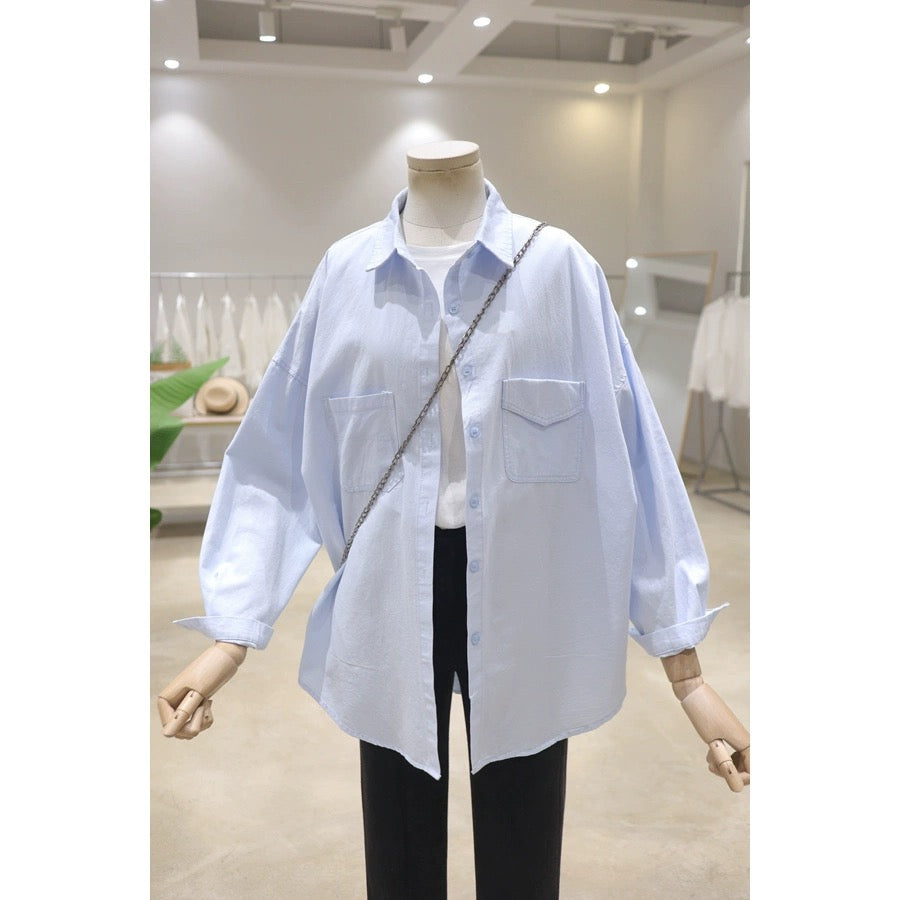 Fresh color comfortable double pocket 2024 spring loose and slim mid-length cotton long-sleeved shirt women's versatile shirt