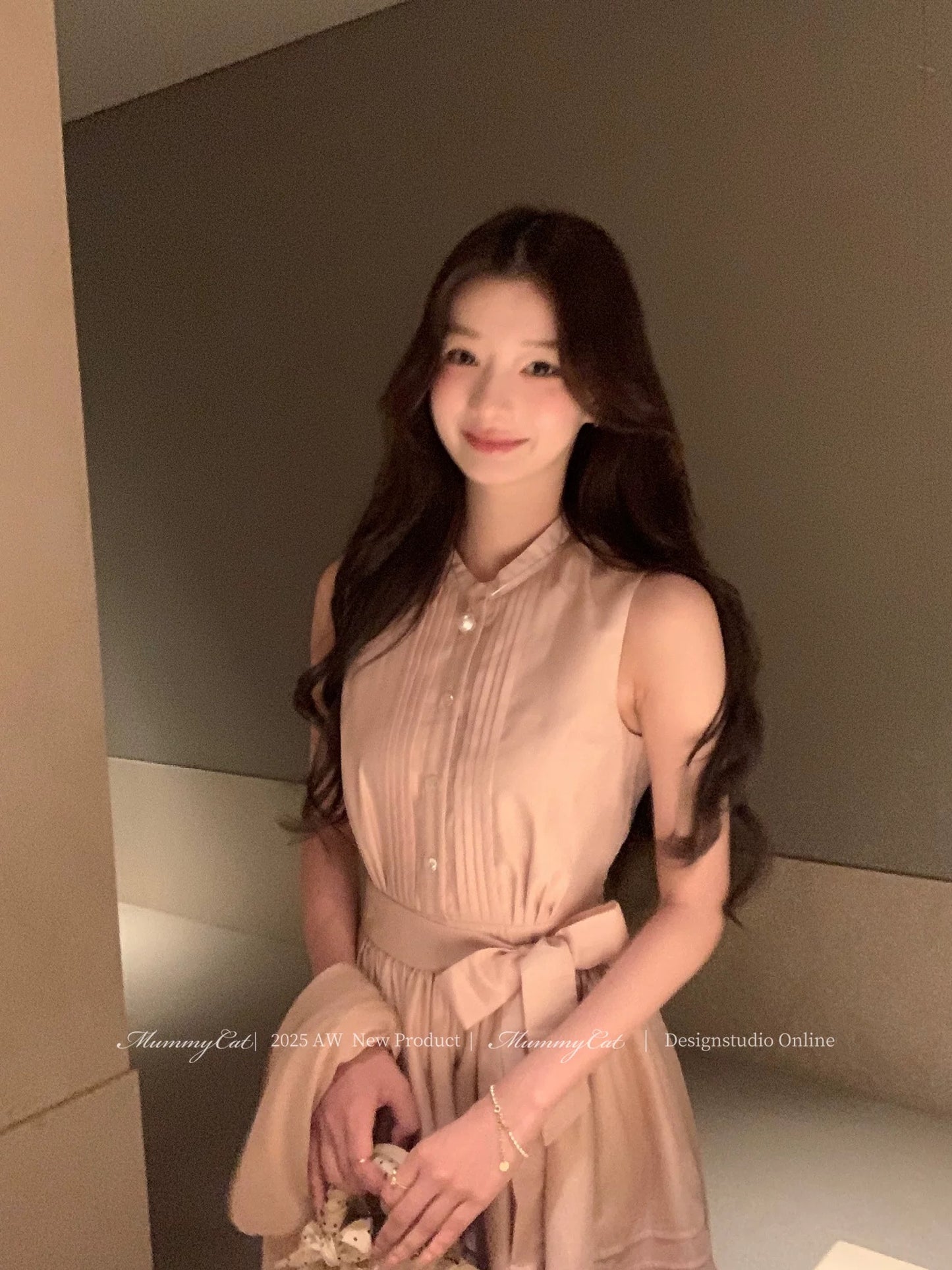 Mummy Cat, the Egg-Laying Cat - New Sweet Pleated Striped Tie-Waist Sleeveless Dress