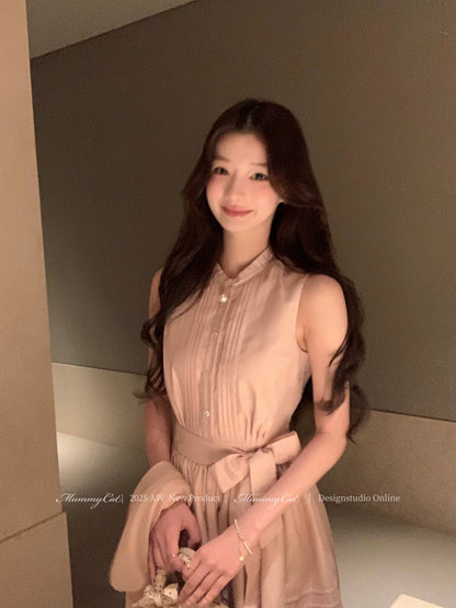 Mummy Cat, the Egg-Laying Cat - New Sweet Pleated Striped Tie-Waist Sleeveless Dress