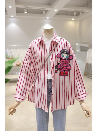 Korean style exquisite woven embroidery cartoon girls 2024 spring loose slim cotton striped long-sleeved shirt for women