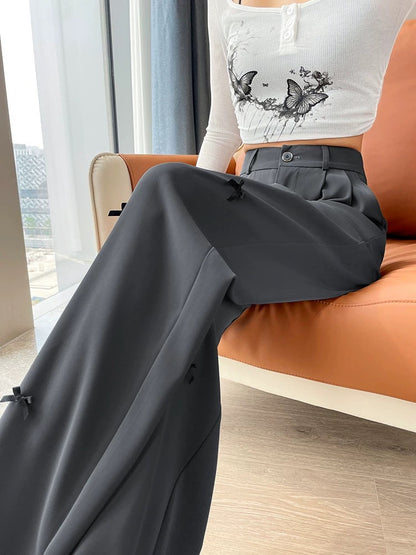 Gray bow straight casual pants for women in autumn new style high waist loose drape petite wide leg floor mopping pants