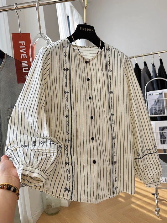 2025 super hot Korean round neck striped long sleeve shirt women's spring and autumn French style blouse loose embroidered top baby shirt