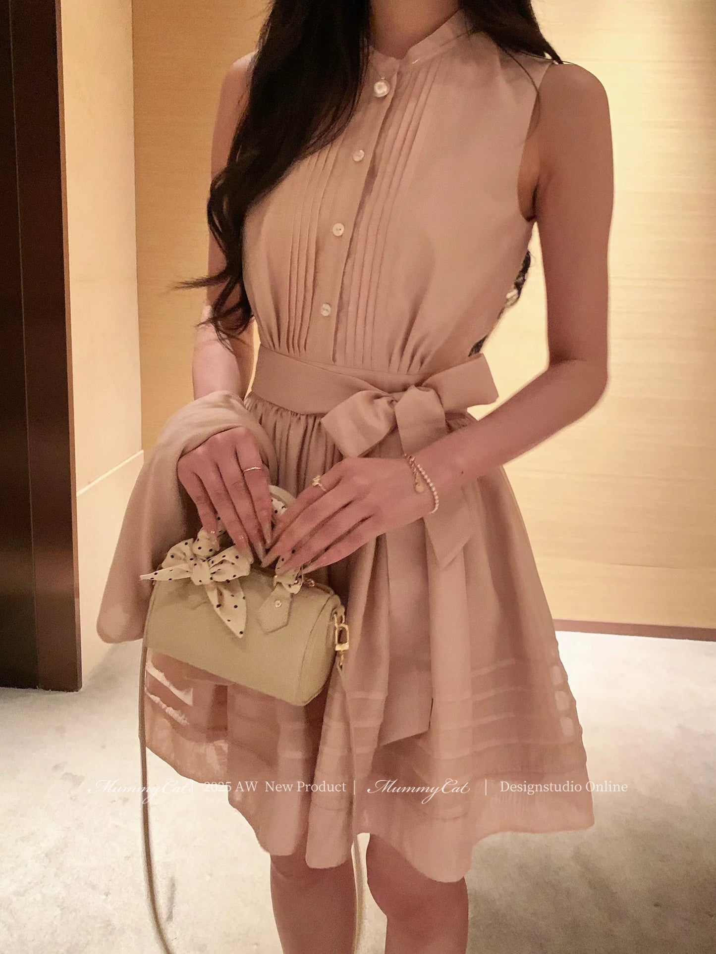 Mummy Cat, the Egg-Laying Cat - New Sweet Pleated Striped Tie-Waist Sleeveless Dress