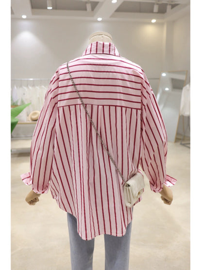 Korean style exquisite woven embroidery cartoon girls 2024 spring loose slim cotton striped long-sleeved shirt for women