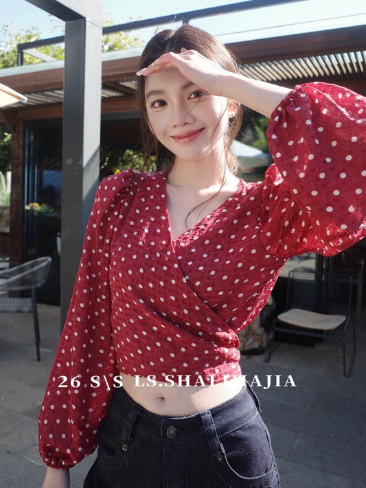 LS2026 Spring French Retro Polka Dot V-Neck Long Sleeve Shirt Women's Fashionable Design Tie-Waist Short Top
